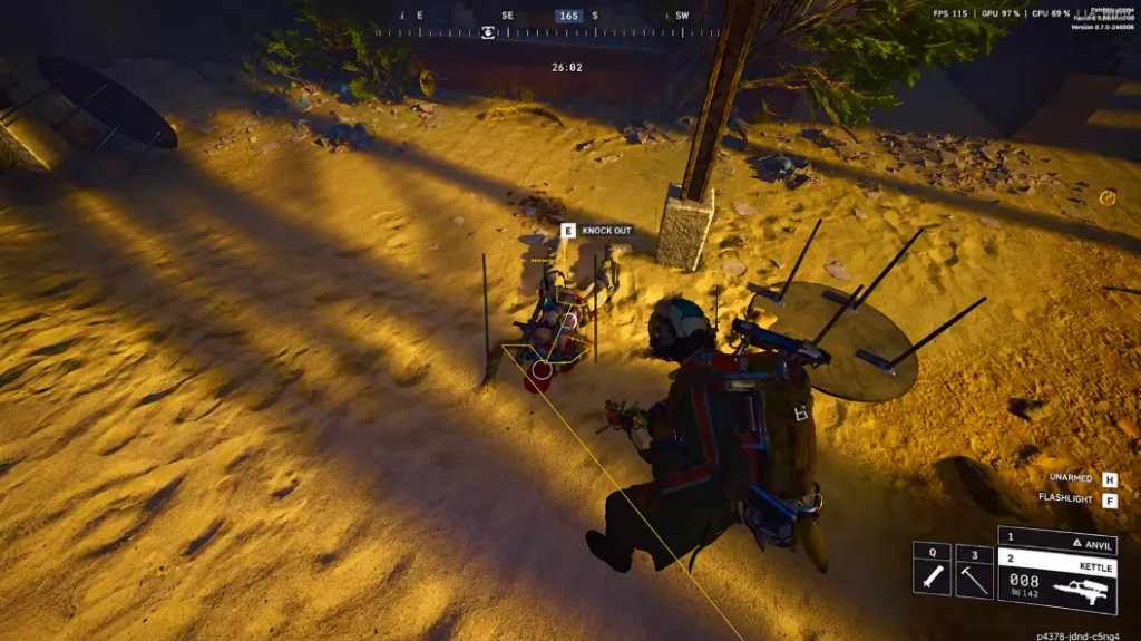 ARC Raiders player ESP screenshot Arc Raiders downed player with yellow box ESP, skeleton lines and red aim circle on sand